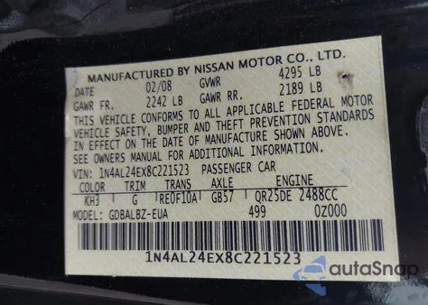 2008 Nissan Altima 2.5S из США, поврежденный, VIN 1N4AL24EX8C221523